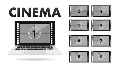 Movie on laptop. Movie countdown numbers vector set. Countdown to the beginning of the old movie. Vector illustration
