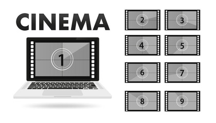 Obraz premium Movie on laptop. Movie countdown numbers vector set. Countdown to the beginning of the old movie. Vector illustration
