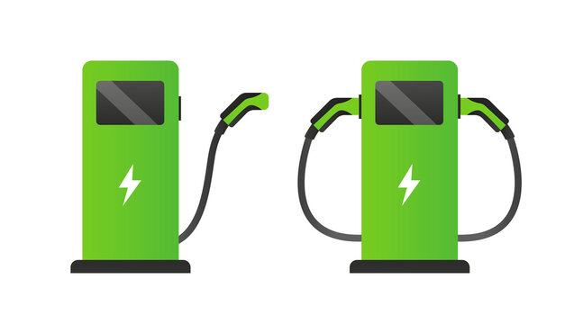 Set of electric gas stations in green color for cars on white isolated background. Vector illustration