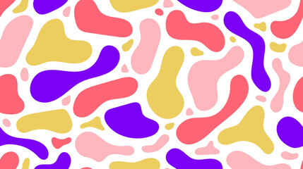 Fototapeta na wymiar Liquid forms seamless background. Fluid elements repeating wallpaper. Organic blobs backdrop in yellow, purple and red. Modern texture