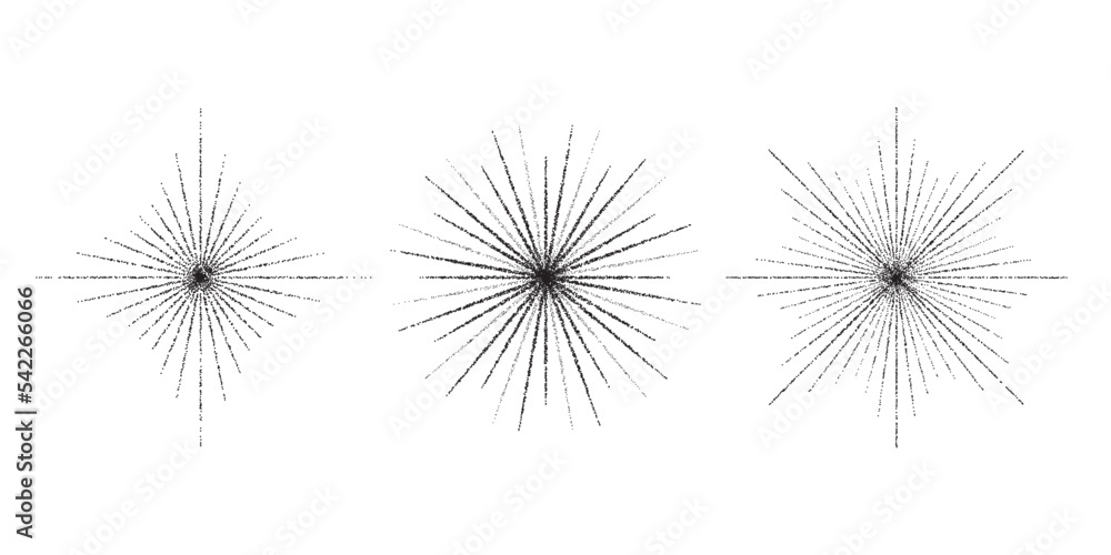 Poster Dotted grain star with beams set. Black stippled ray sparkle and flare collection. Various noise textured asterisks. Different halftone dot work stellar forms and burst explosion. Vector sparks. 