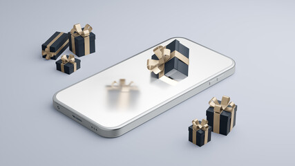 Gift boxes on screen smartphone. Online Shopping concept. Modern festive selling. 3d rendering. Isometric illustration.