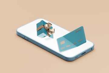 Eleganse gift box and credit card on screen smartphone. Online Shopping concept. Modern festive selling. 3d rendering. Isometric illustration.