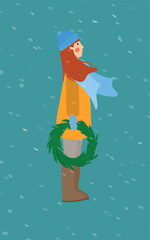 Red hair girl with Christmas wreath vector. Snowflakes effect. Happy holidays illustration 