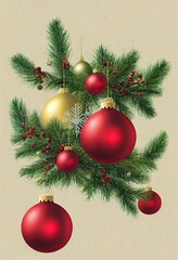 Merry Christmas background, festive xmas balls baubles evergreen branch decorations creative illustration, Happy New Year trendy winter decor card beige backdrop concept.