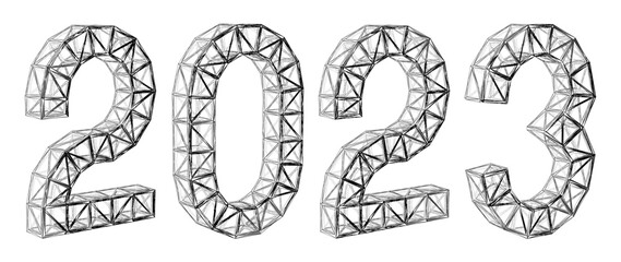 Figure 2023 in the form of building structures. Polygonal connected lines and points. White background.