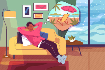 Obraz premium Dreaming character. Guy in living room interior, thinking about summer beach vacation, winter snow weather outside window, character with thought bubble tidy vector cartoon flat concept