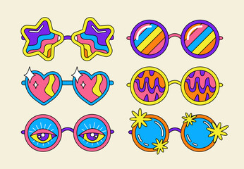A set of bright sunglasses. Hippie style. Retro fashion. Hallucinations and psychedelics in the eyes