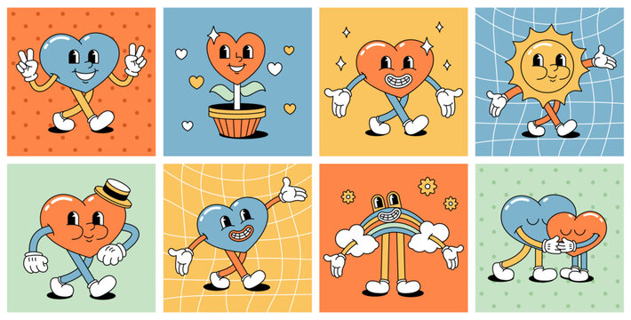 A set of retro characters from comics. Cartoon vintage hearts with legs and arms, rainbow, sun.