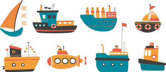 Doodle ship and boat kid clipart. Hand drawn ships, isolated sailboat and sea transport. Cute artworks for shirt prints. Kids style marine classy elements