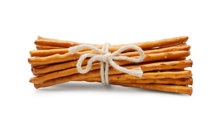 Bundle of salt sticks snack bound with rope isolated on white background             