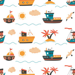 Doodle ship and sailboat seamless pattern. Boys textile print with boats and palm tree. Decorative marine elements, sea adventure classy vector background