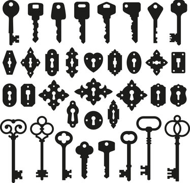 Key and keyhole silhouettes. Old vintage keyholes, antique keys black silhouettes. Door locks, medieval locked elements collection. Privacy tidy vector symbols