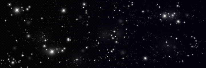 Particles of white magic dust. Shining light particles.Christmas glitter particles. Light effect on a transparent background.