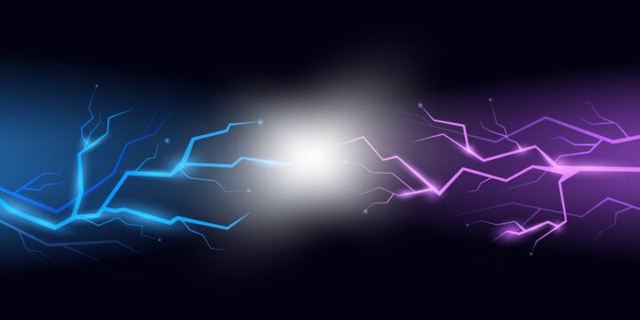 Thunderbolt background. Blue lightning effect, flash electric energy. Versus concept, thunder light in storm. Charge power racy vector banner, electricity design