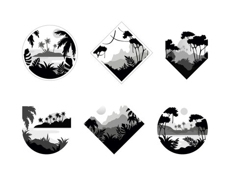 Beautiful Tropical Mountain Landscape with Palm Trees in Geometric Shape Vector Set