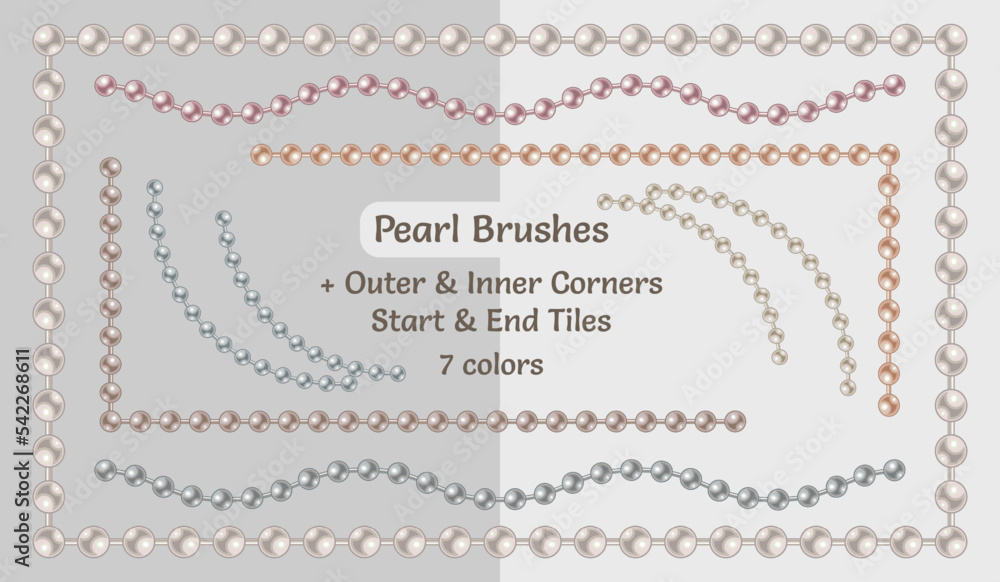 Poster set of pattern brushes with string of pearl beads. chain brushes with corners, end and start tiles. 