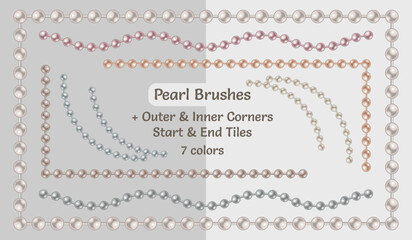 Set of pattern brushes with string of pearl beads. Chain brushes with corners, end and start tiles. Pastel colors. Isolated on light backgrounds.