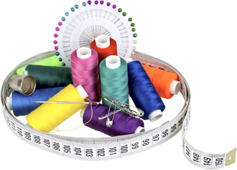 Thread, needle, thimble, sewing pins and tape measurer