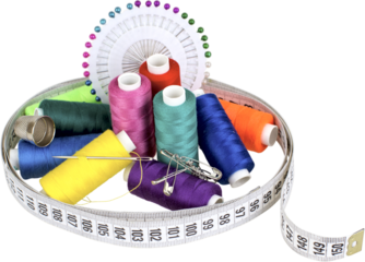 Thread, needle, thimble, sewing pins and tape measurer