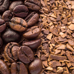 half of the background is made of coffee beans, the other half is made of instant coffee.
