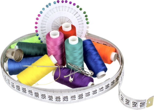 Thread, needle, thimble, sewing pins and tape measurer