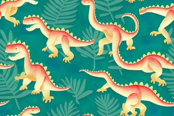 Dinosaur seamless pattern. Watercolor cartoon dino wallpaper. Surface design with palm trees and prehistorical reptile stegosaurus, pterodactil, triceratops