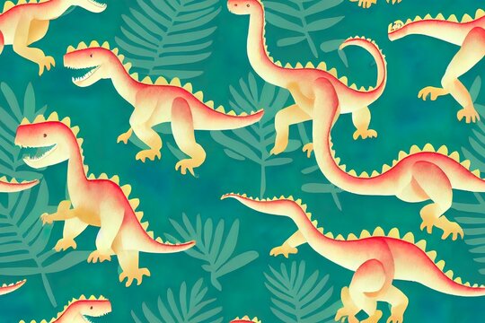 Dinosaur seamless pattern. Watercolor cartoon dino wallpaper. Surface design with palm trees and prehistorical reptile stegosaurus, pterodactil, triceratops © AkuAku