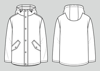 Men's hooded raincoat jacket. Fashion sketch. Flat technical drawing. Vector illustration.