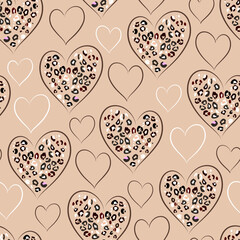 Heart signs seamless pattern and stylized leopard pattern inside the heart. Pink concept background Love, beauty, fashion. One continuous line drawing and spots of animal skin.
