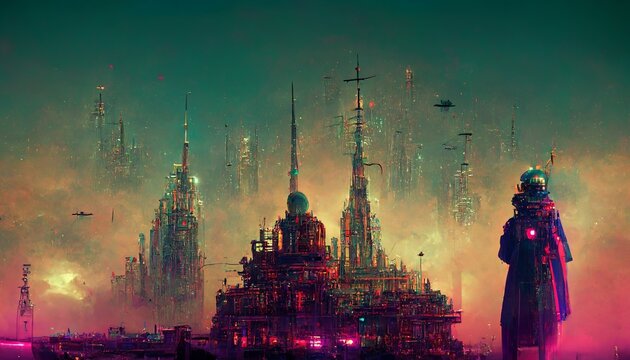 Cyberpunk metropolis with skycrapers 