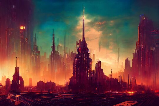 Cyberpunk metropolitan with skycrapers in sunset