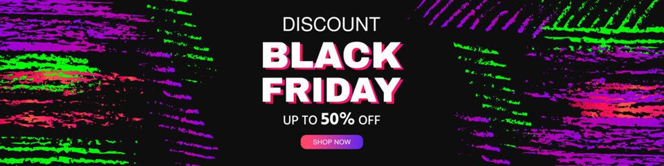 Black Friday discount. Black friday sale banner template. Modern abstract background in doodle style. Pencil strokes, colorful bright neon stripes. Trend graphics. Banner, poster vector illustration. 