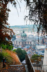 View of the city of Namur from the Citadel, Wallonia, Belgium. Historical buildings of the medieval city.