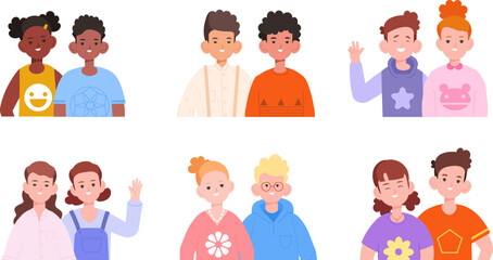 Sibling couple children. Siblings portrait family child face or couples multicultural friends, funny student boy and girl, brother care sister kindergarten kids vector illustration