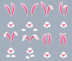 Rabbit muzzles. Funny bunny face filter mask costume combination, fluffy rabbits ears with paw and whiskers, cute whit easter hare happy animal head, ingenious vector illustration