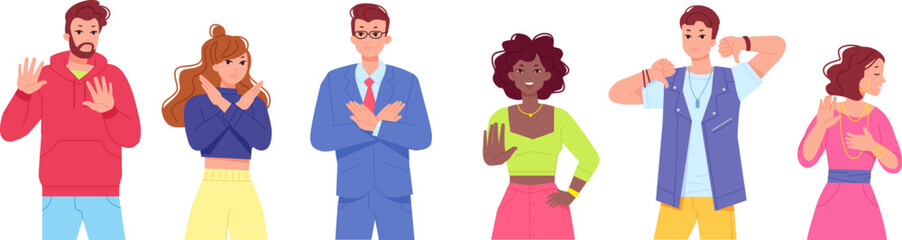 People negative gestures. Person refuse gesture, stop sign body language disagree pose woman disapproval human denial, serious grumpy face no expression swanky vector illustration