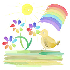 Children's day card with a rainbow, a sun, chickens and flowers with handmade watercolor brushes