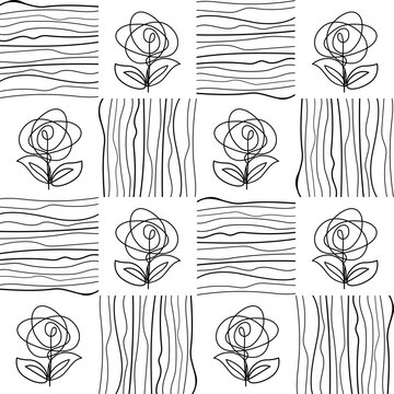 Geometric and botanical pattern of abstract flowers continuous line drawing, black lines. Hand drawn seamless pattern summer floral background. Sketchy drawing black outlines on white background.