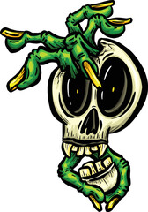 Creepy Halloween Skull Cartoon With Green Zombie Fingers Protruding Out Illustration 