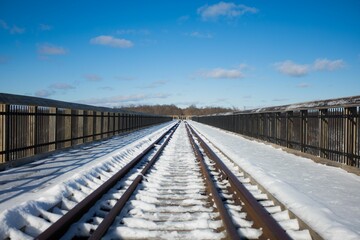 Fototapeta na wymiar Empty railway track covered in snow under a blue cloudy sky on a sunny day