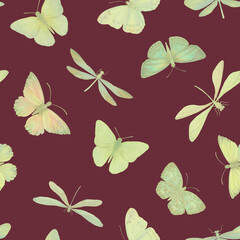 Fototapeta na wymiar Seamless abstract pattern of butterflies and dragonflies. Botanical ornament for design, wallpaper, print, wrapping paper, scrapbooking.