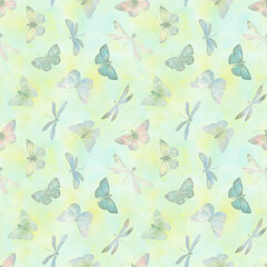 Seamless pattern of butterflies and dragonflies. Botanical abstract ornament for design.
