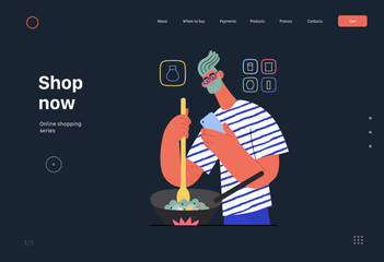 Shop now - Online shopping and electronic commerce web template - modern flat vector concept illustration of a man cooking in pan and shopping. Promotion, discounts, sale and online orders concept