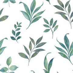 Naklejka na ściany i meble Green leaves seamless pattern with abstract watercolor for wallpaper, wrapping paper, print, design.