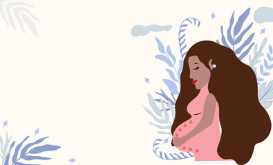 A woman is waiting for the birth of a child.Happy pregnant woman. Concept motherhood, health and pregnant. Vector illustration