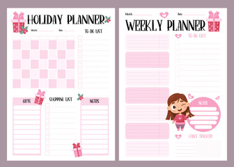 Collection Holiday female planner. Organizer, month calendar, to-do list, shopping list and notes and cute girl. Vector vertical template for New Years, Christmas, festive design, print, decor.