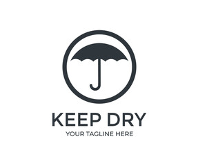 Keep dry packaging symbol logo design. Package parcel logistics and delivery shipping, umbrella and rain drops sign vector design and illustration.