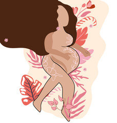 Happy pregnant woman running on the background of flowers and leaves. A woman is waiting for the birth of a child. Concept motherhood, health and pregnant. Vector illustration.