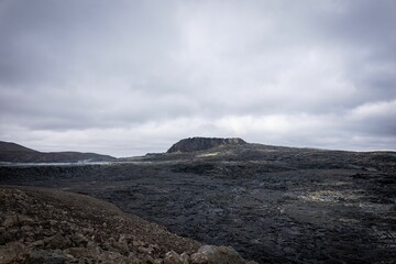 Beautiful shot of the Fagradalsfjall volcano after the eruption in Iceland on a cloudy day